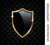 Black shield with golden frame isolated on VIP background. Vector luxury design element.