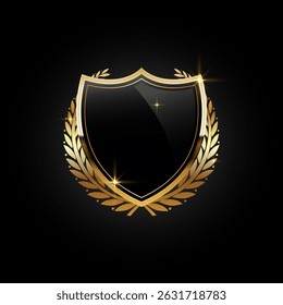 Black shield with golden frame isolated on VIP background. Vector luxury design element