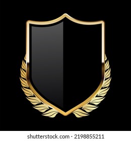 Black shield with golden laurel wreath on black background 