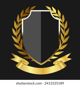 Black shield with golden laurel wreath and ribbon