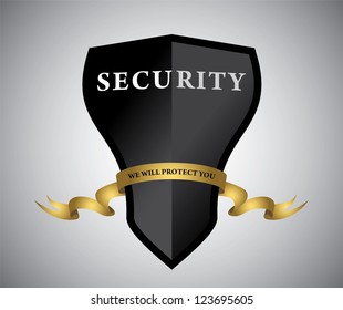 Black shield with golden ribbon. Vector