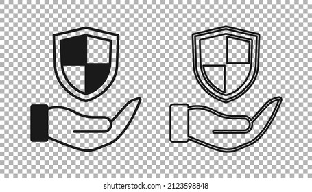 Icono de Escudo negro en mano aislado en fondo transparente. Concepto de seguro. Signo de guardia. Seguridad, seguridad, protección, concepto de privacidad.  Vector