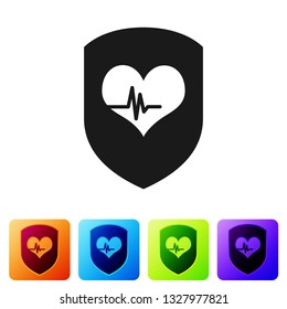 Black Shield and heart rate icon isolated on white background. Health protection concept. Health care. Set icon in color square buttons. Vector Illustration