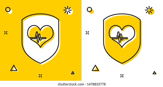 Black Shield and heart rate icon isolated on yellow and white background. Health protection concept. Health care. Random dynamic shapes. Vector Illustration
