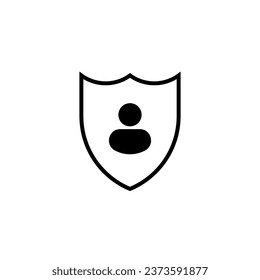 Black shield with human figure icon. Award symbol of security system and protection of user data and guardianship vector life