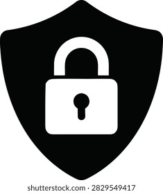 A black shield icon containing a padlock with a visible keyhole, symbolizing secure access, encryption, and protection for digital information.