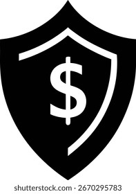 Um ícone de escudo preto com um símbolo de dólar branco, simbolizando a segurança financeira, a proteção do dinheiro e a segurança econômica. Isolado em um fundo branco para facilitar a integração.