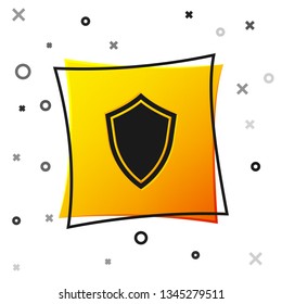 Black Shield icon isolated on white background. Guard sign. Yellow square button. Vector Illustration