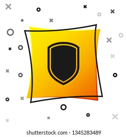 Black Shield icon isolated on white background. Guard sign. Yellow square button. Vector Illustration