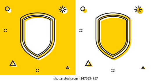 Black Shield icon isolated on yellow and white background. Guard sign. Random dynamic shapes. Vector Illustration