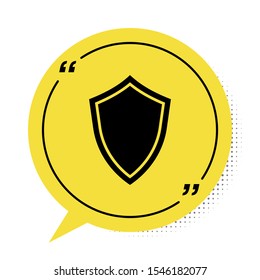 Black Shield icon isolated on white background. Guard sign. Yellow speech bubble symbol. Vector Illustration