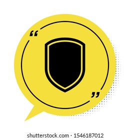 Black Shield icon isolated on white background. Guard sign. Yellow speech bubble symbol. Vector Illustration