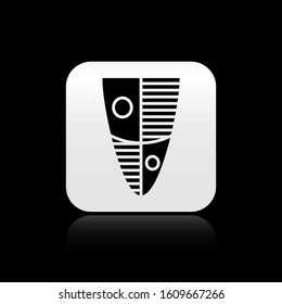 Black Shield icon isolated on black background. Guard sign. Security, safety, protection, privacy concept. Silver square button. Vector Illustration