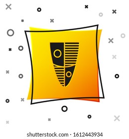 Black Shield icon isolated on white background. Guard sign. Security, safety, protection, privacy concept. Yellow square button. Vector Illustration