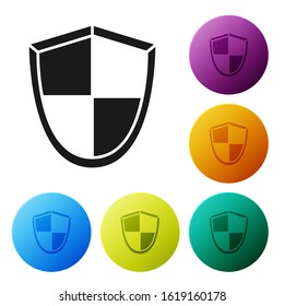 Black Shield icon isolated on white background. Guard sign. Security, safety, protection, privacy concept. Set icons colorful circle buttons. Vector Illustration