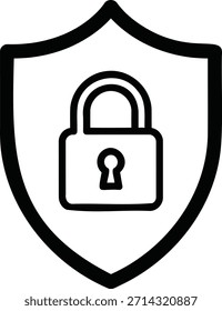 Un icono de escudo negro con un candado en el centro, sobre un fondo blanco puro, que simboliza la protección y la seguridad en un diseño simple pero efectivo con líneas audaces