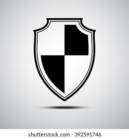Black shield icon on grey background. Vector shield illustration