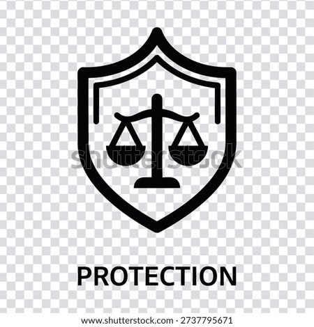 A black shield icon with a scales of justice symbol inside, representing protection, law, and justice on a transparent gray and white checkered background