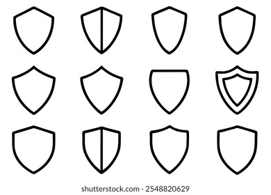 Black shield icon set featuring police badge shapes for protection and security themes. Great for web, app, and branding elements focused on safety. Vector design.