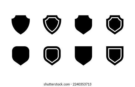 Black shield icon set in vintage style. Protect shield security icons. Badge quality symbol, sign, logo, emblem. Vector illustration.