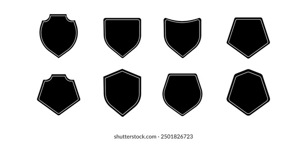 Black shield icon set in vintage style. Badge quality symbol, sign, logo, or emblem - stock vector.	