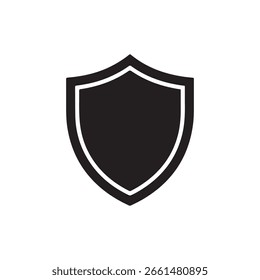 Vector de icono de escudo negro con fondo blanco que simboliza la protección y el concepto de seguridad. Diseño limpio y minimalista para su uso en diversas aplicaciones gráficas.