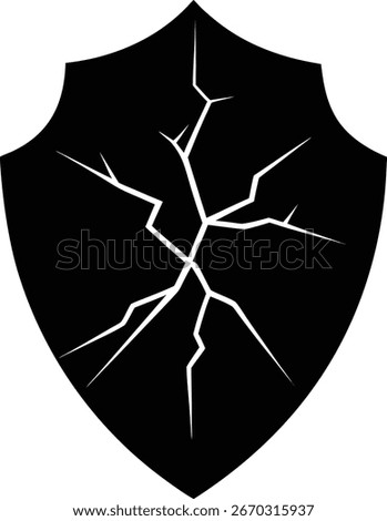 A black shield icon with a white crack running through it, symbolizing damage or a security breach. Isolated on a clean white background for easy integration.