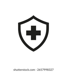 Un icono de escudo negro con una cruz blanca en el interior, que simboliza la salud, la protección y la seguridad, aislado sobre un fondo blanco.