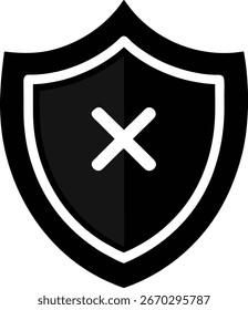 Un icono de escudo negro con una cruz blanca en el interior, que representa el rechazo, el fracaso o la prohibición. Este gráfico está aislado sobre un fondo blanco para un uso versátil en medios digitales e impresos.