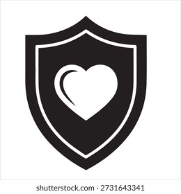 Um ícone de escudo preto com um símbolo de coração branco no centro, representando proteção, amor e segurança em uma ilustração gráfica simples.