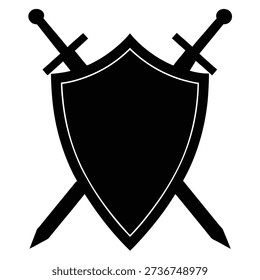 Black shield icon with white outline and two crossed swords behind the shield, creating a crest-like design, perfect for games or symbols.