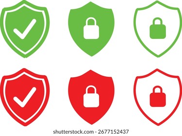 Ícones de escudo preto com marcas de verificação ícones, símbolo de segurança de escudo, elementos de design de traço editáveis, perfeito para proteção digital e necessidades de verificação,
