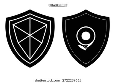 Ícones de escudo preto com diferentes designs internos representam proteção e localização, ideais para a marca visual.