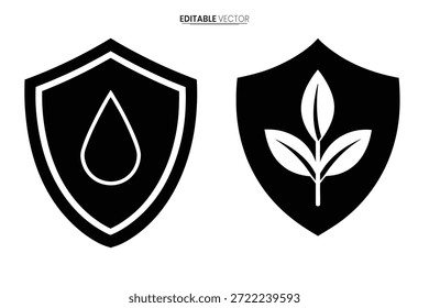 Ícones de escudo preto com uma gota de água e uma folha, representando a proteção e a natureza.