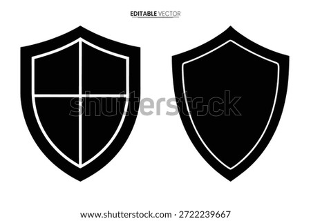 Black shield icons with white outlines, featuring distinct designs, represent protection and security.