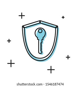 Black Shield with key icon isolated on white background. Protection and security concept. Safety badge icon. Privacy banner. Defense tag.  Vector Illustration