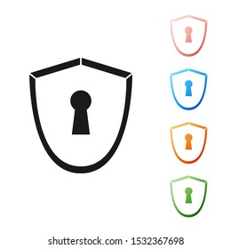 Black Shield with keyhole icon isolated on white background. Protection, security concept. Safety badge icon. Privacy banner. Defense tag. Set icons colorful. Vector Illustration