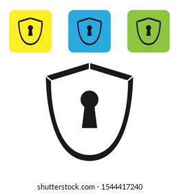 Black Shield with keyhole icon isolated on white background. Protection, security concept. Safety badge icon. Privacy banner. Defense tag. Set of colorful square icon buttons. Vector Illustration