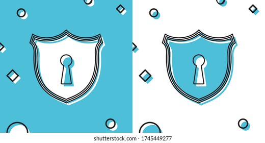 Black Shield with keyhole icon isolated on blue and white background. Protection and security concept. Safety badge icon. Privacy banner. Defense tag. Random dynamic shapes. Vector Illustration