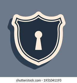 Black Shield with keyhole icon isolated on grey background. Protection and security concept. Safety badge icon. Privacy banner. Defense tag. Long shadow style. Vector Illustration
