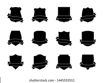 Black shield labels with ribbons. Heraldic royal blazon badges. Medieval insignia shields, pennants. Security signs retro vector shielding military wreath shape logo set