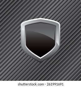 Black shield layout over a carbon fiber background in vector format.