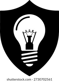 Um escudo preto com uma lâmpada que contém uma coroa no interior, colocado sobre um fundo branco puro, simbolizando a proteção e a realeza