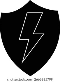 Escudo negro con el icono del relámpago que muestra la fuerza, la energía y la protección segura