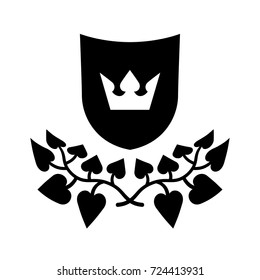 Black shield with little white crown, black floral ornament below. Heraldry.