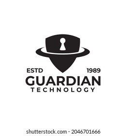 Black shield lock and unlock security guardian technology vector logo design