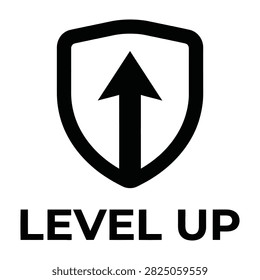 Black shield logo containing upward pointing arrow design. Level up text below. Symbolizes progress, growth, upgrade, achievement, success, advancement, gaming, and security.