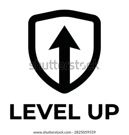 Black shield logo containing upward pointing arrow design. Level up text below. Symbolizes progress, growth, upgrade, achievement, success, advancement, gaming, and security.