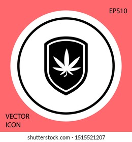 Black Shield and marijuana or cannabis leaf icon isolated on red background. Marijuana legalization. Hemp symbol. White circle button. Vector Illustration