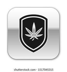 Black Shield and marijuana or cannabis leaf icon isolated on white background. Marijuana legalization. Hemp symbol. Silver square button. Vector Illustration